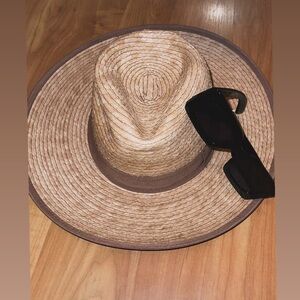 Stylish Tan Wide-Brim Hat with Black Sunglasses